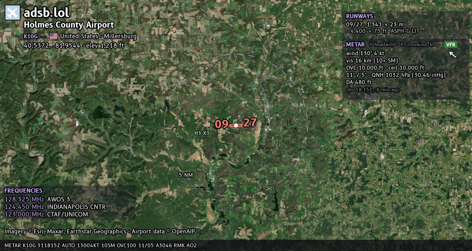 Satellite map with the runway layout of Holmes County Airport (K10G)