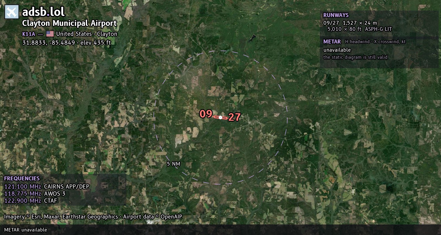 Satellite map with the runway layout of Clayton Municipal Airport (K11A)