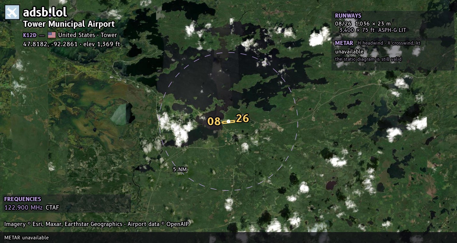 Satellite map with the runway layout of Tower Municipal Airport (K12D)