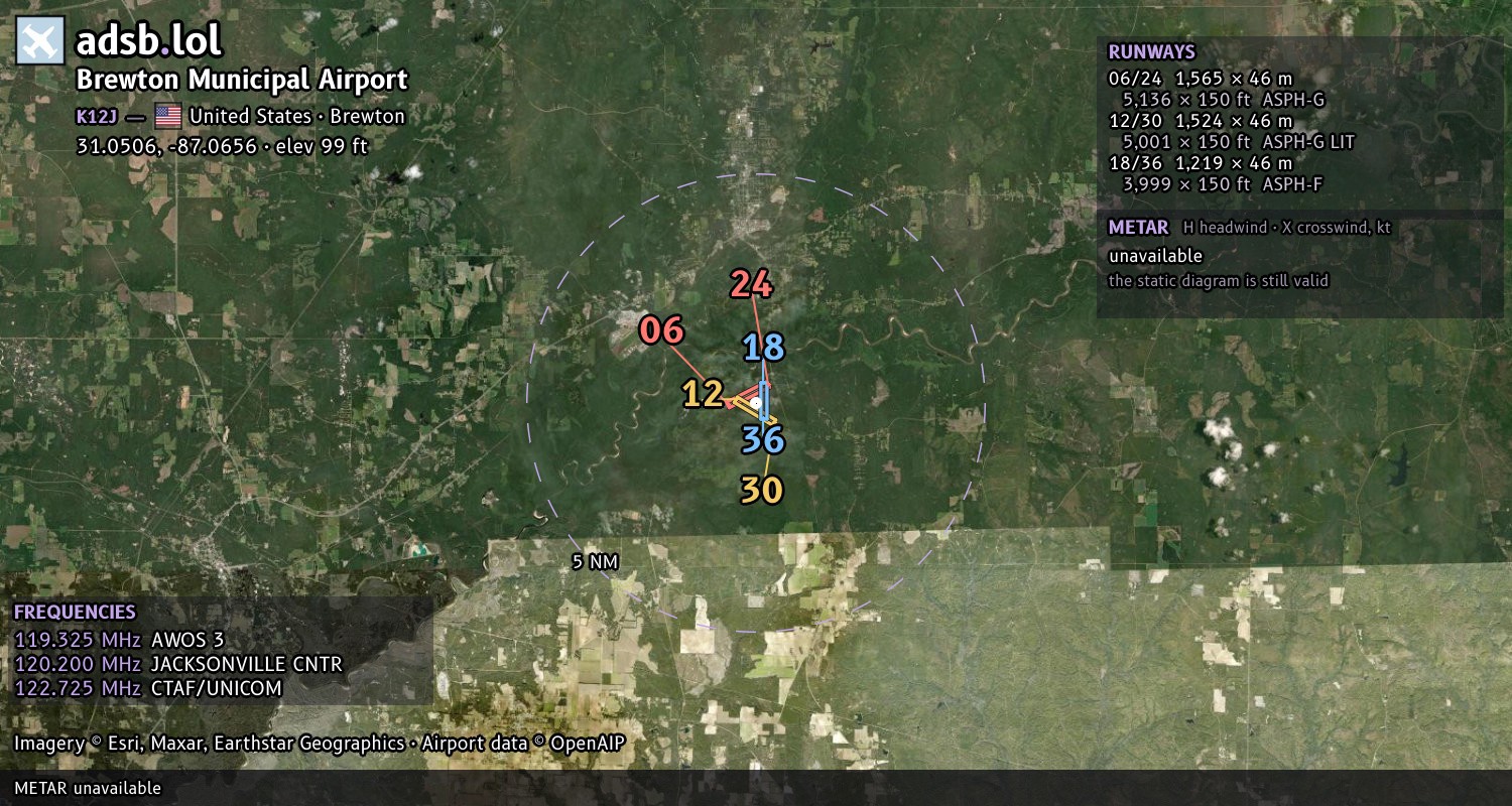 Satellite map with the runway layout of Brewton Municipal Airport (K12J)