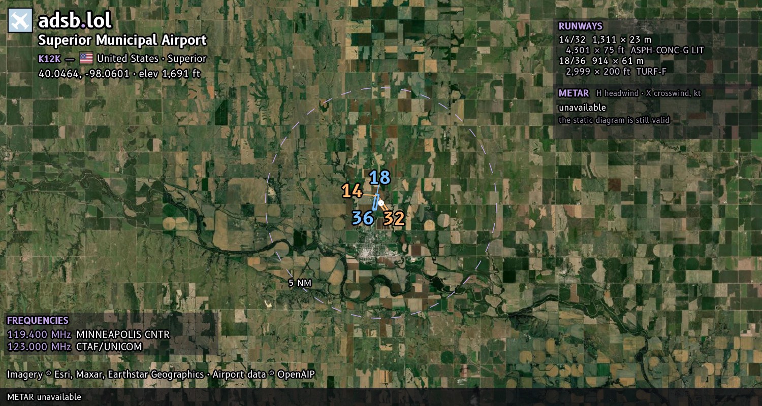 Satellite map with the runway layout of Superior Municipal Airport (K12K)