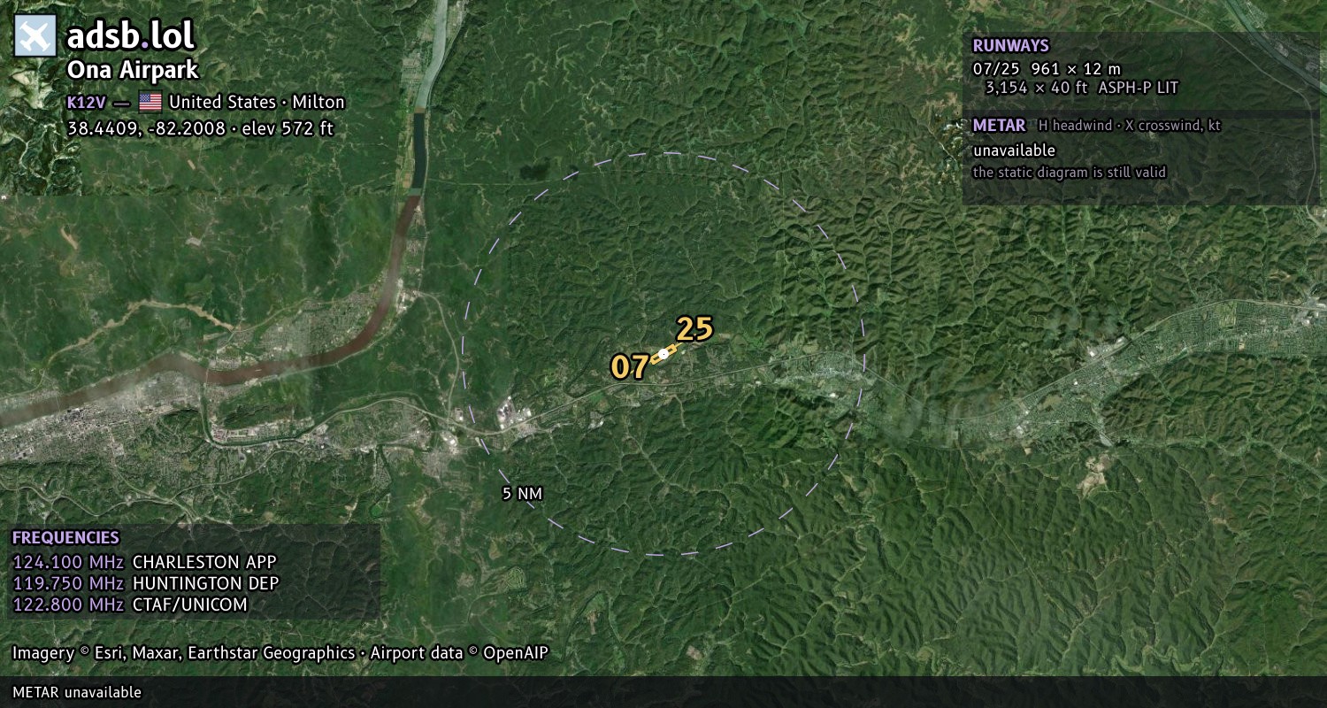 Satellite map with the runway layout of Ona Airpark (K12V)