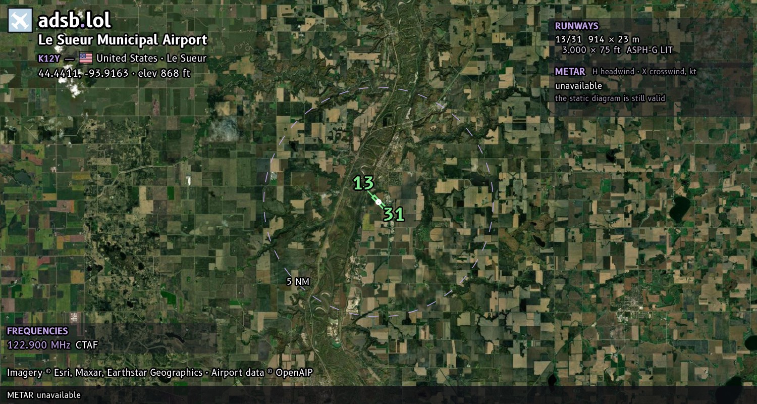Satellite map with the runway layout of Le Sueur Municipal Airport (K12Y)