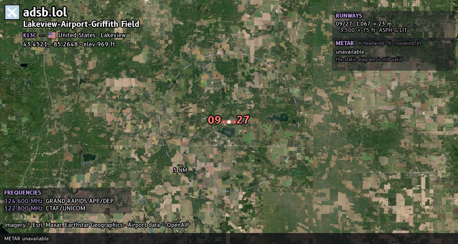 Satellite map with the runway layout of Lakeview-Airport-Griffith Field (K13C)