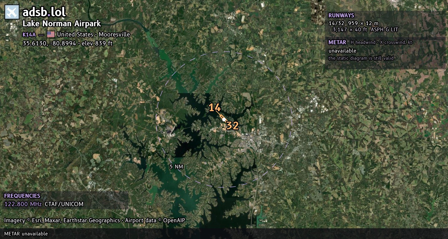Satellite map with the runway layout of Lake Norman Airpark (K14A)