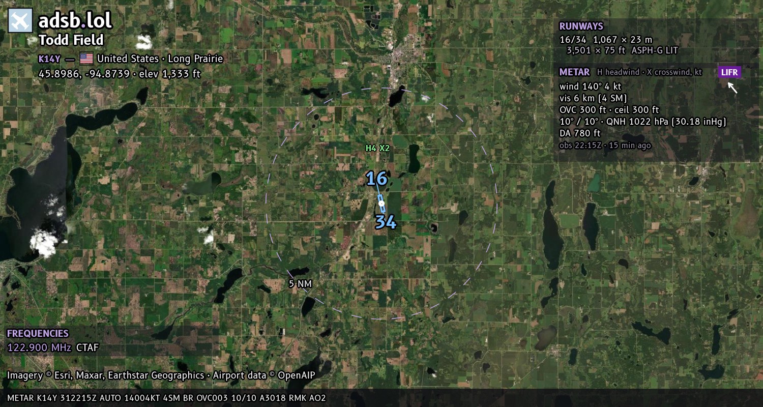 Satellite map with the runway layout of Todd Field (K14Y)