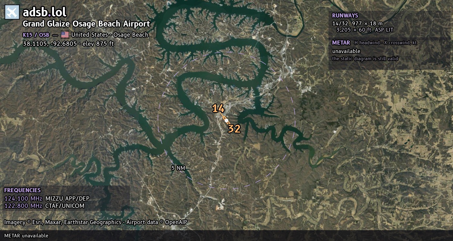Satellite map with the runway layout of Grand Glaize Osage Beach Airport (K15)