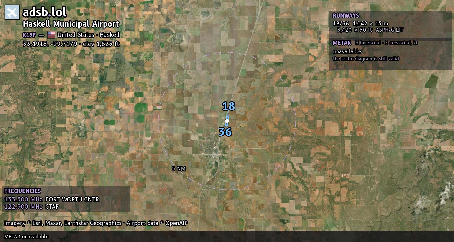Satellite map with the runway layout of Haskell Municipal Airport (K15F)