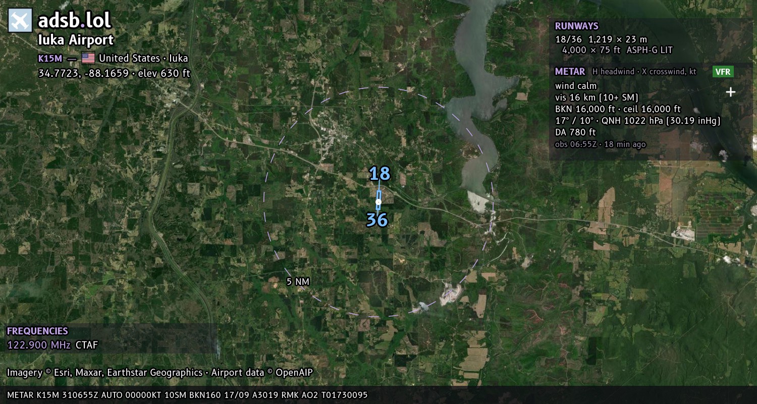 Satellite map with the runway layout of Iuka Airport (K15M)