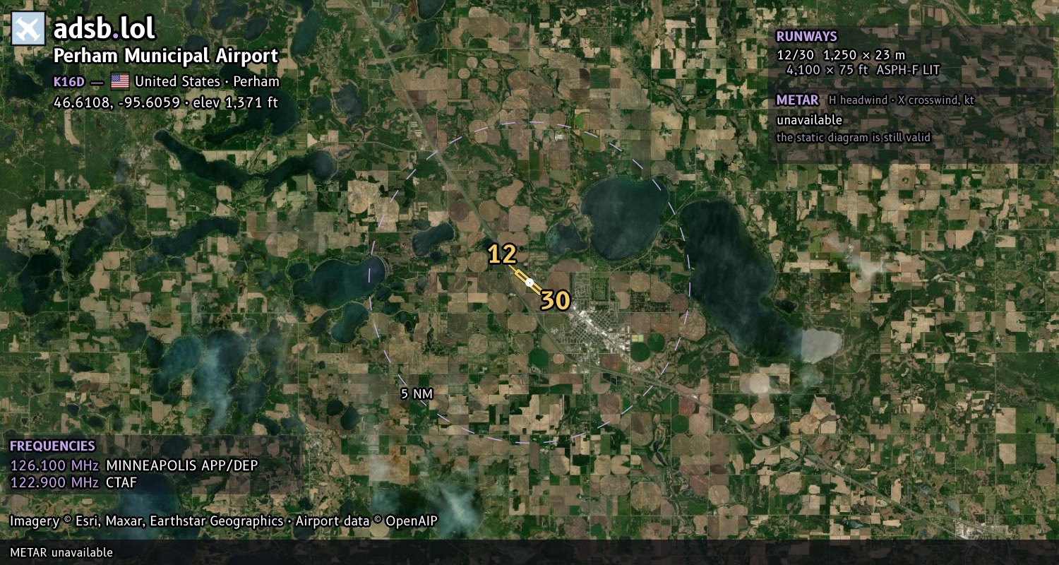 Satellite map with the runway layout of Perham Municipal Airport (K16D)