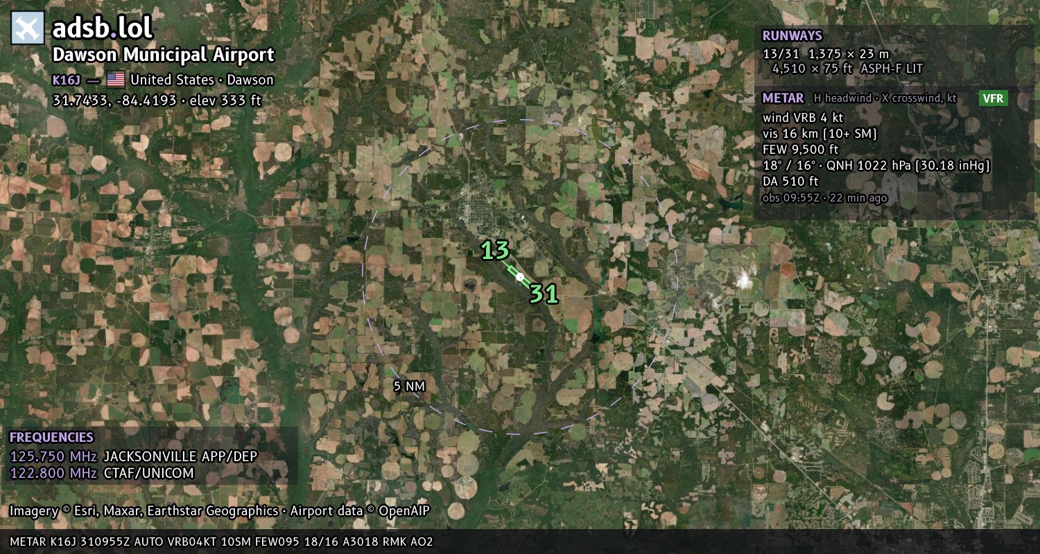 Satellite map with the runway layout of Dawson Municipal Airport (K16J)