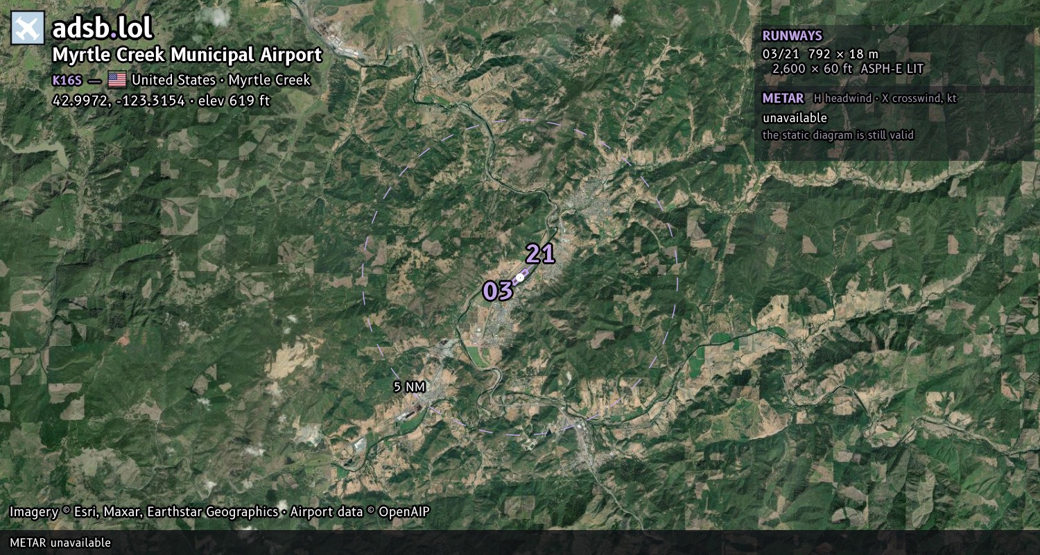 Satellite map with the runway layout of Myrtle Creek Municipal Airport (K16S)