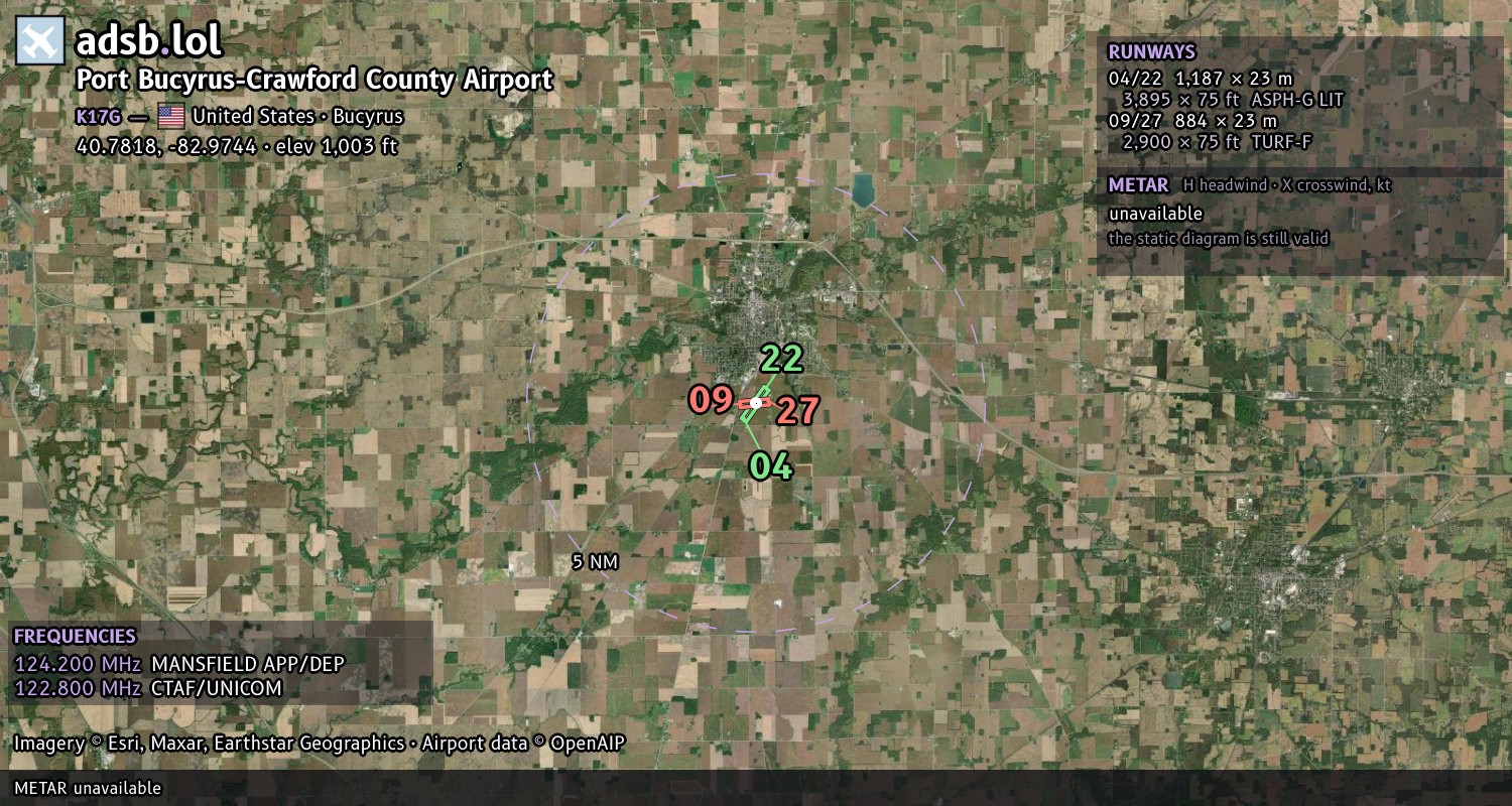 Satellite map with the runway layout of Port Bucyrus-Crawford County Airport (K17G)