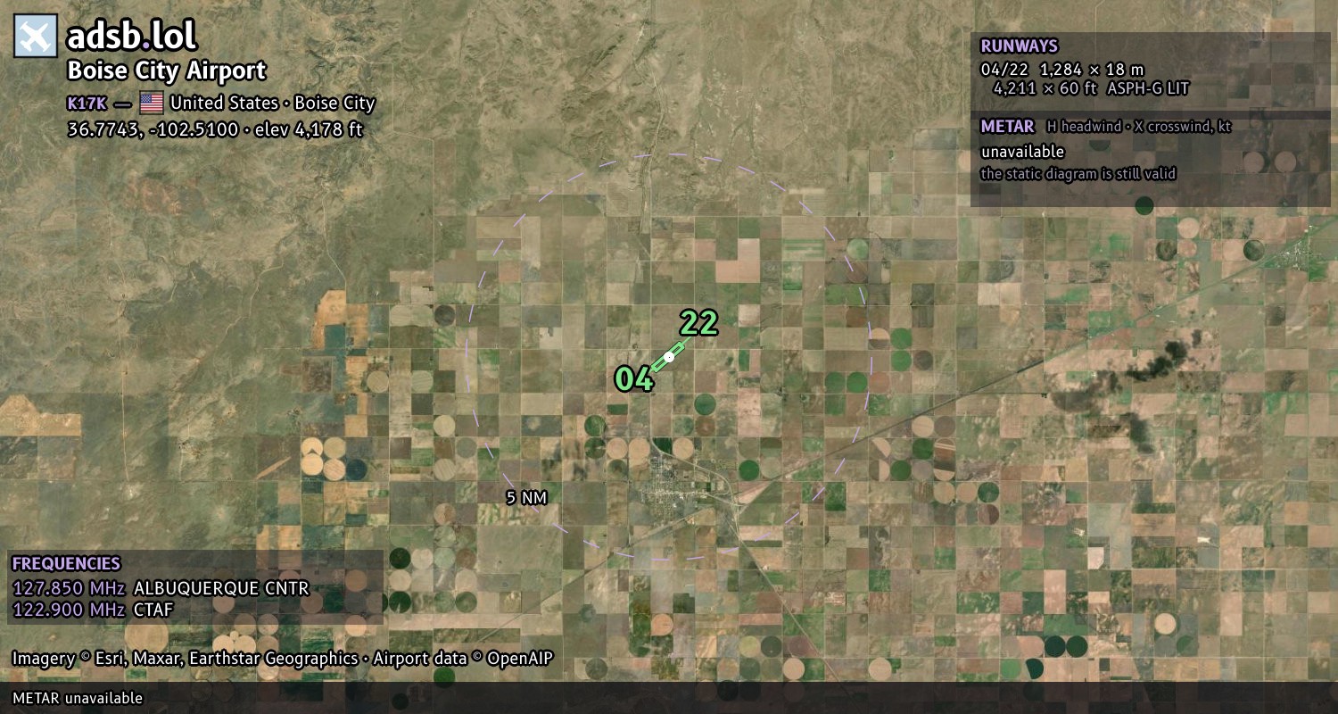 Satellite map with the runway layout of Boise City Airport (K17K)