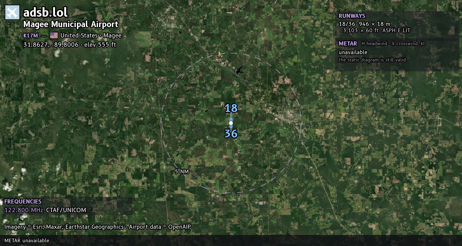 Satellite map with the runway layout of Magee Municipal Airport (K17M)