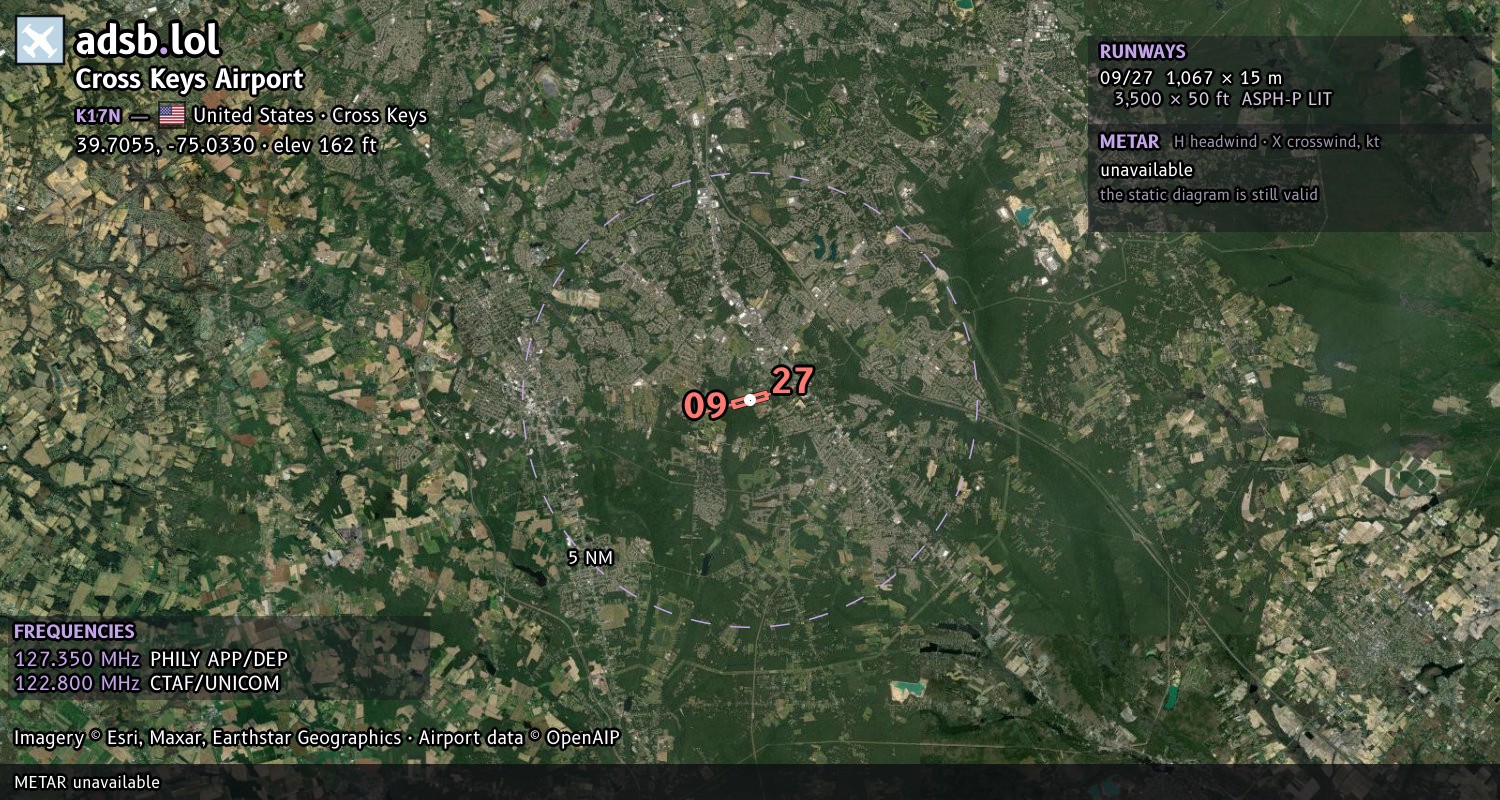 Satellite map with the runway layout of Cross Keys Airport (K17N)