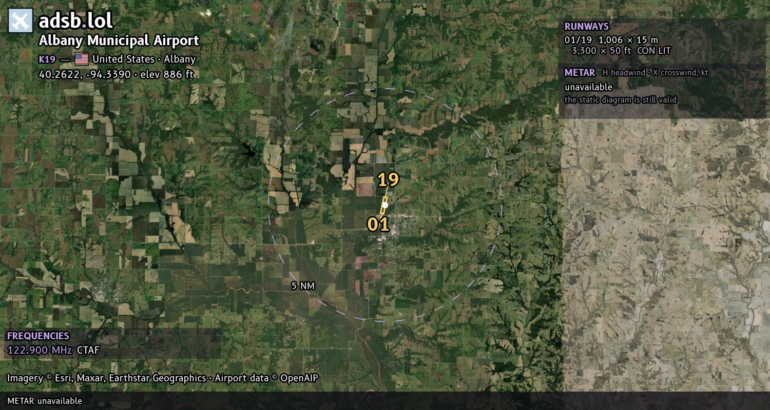 Satellite map with the runway layout of Albany Municipal Airport (K19)