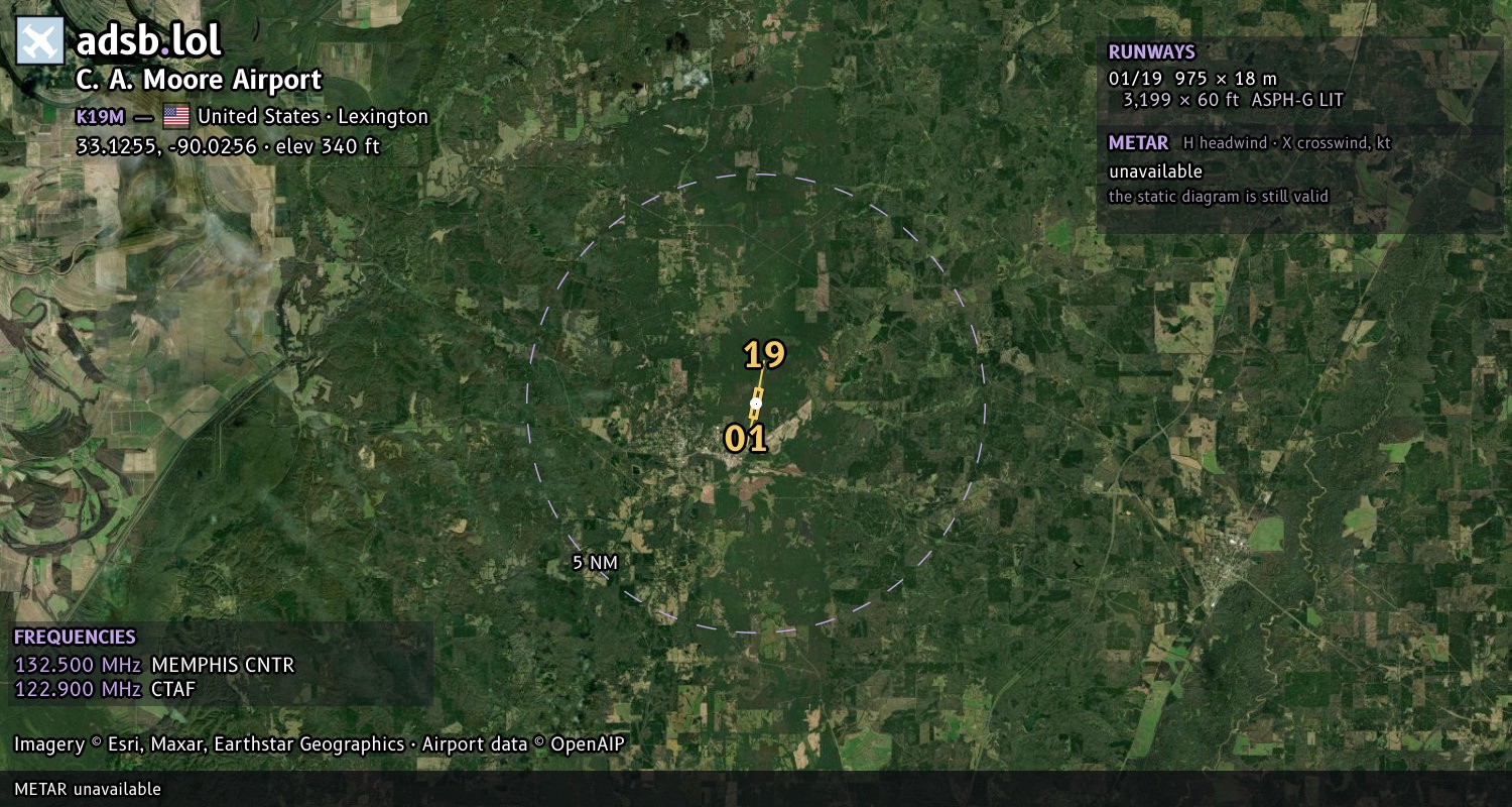Satellite map with the runway layout of C. A. Moore Airport (K19M)