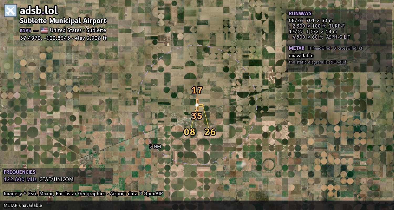 Satellite map with the runway layout of Sublette Municipal Airport (K19S)