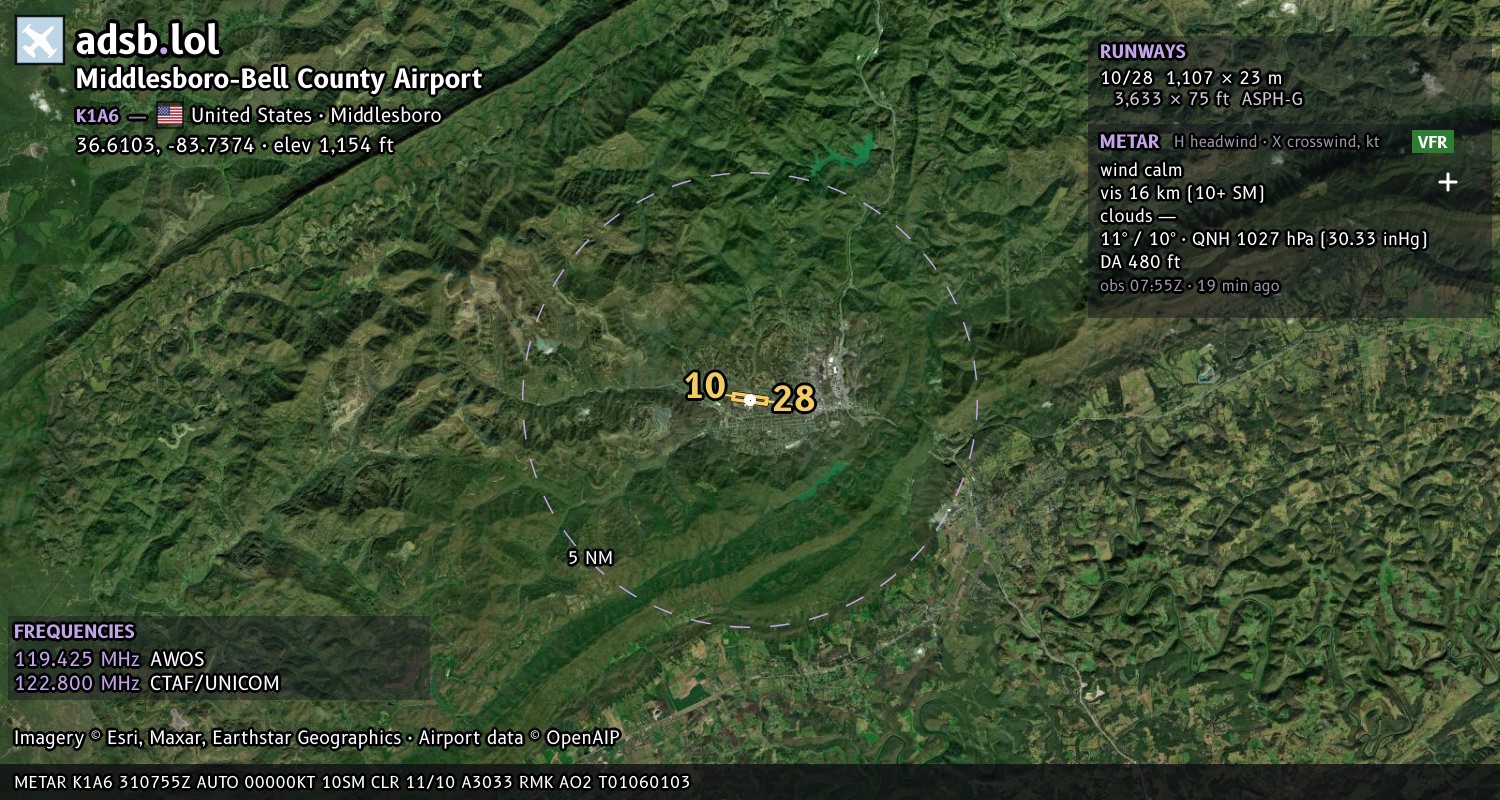 Satellite map with the runway layout of Middlesboro-Bell County Airport (K1A6)