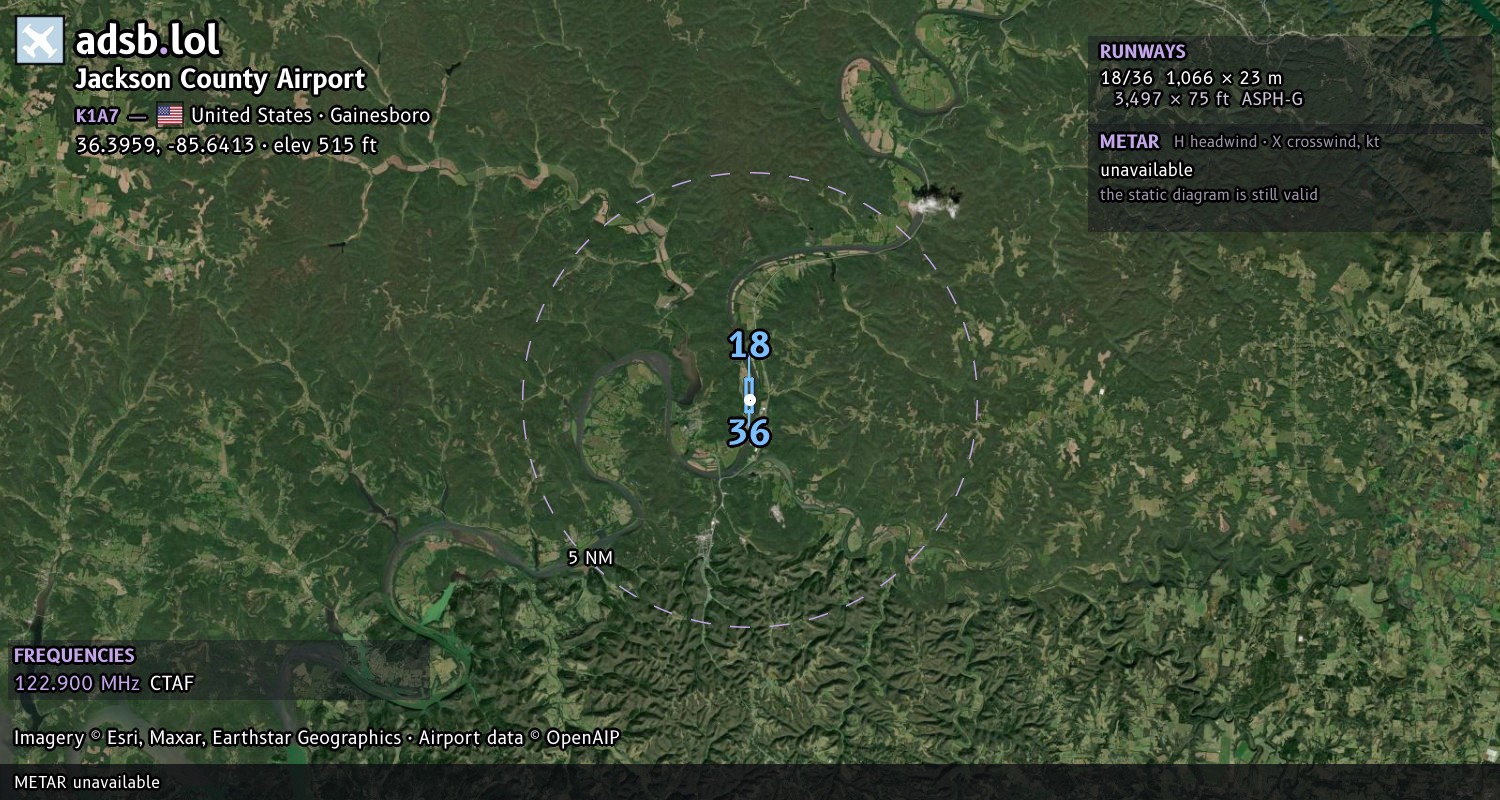 Satellite map with the runway layout of Jackson County Airport (K1A7)