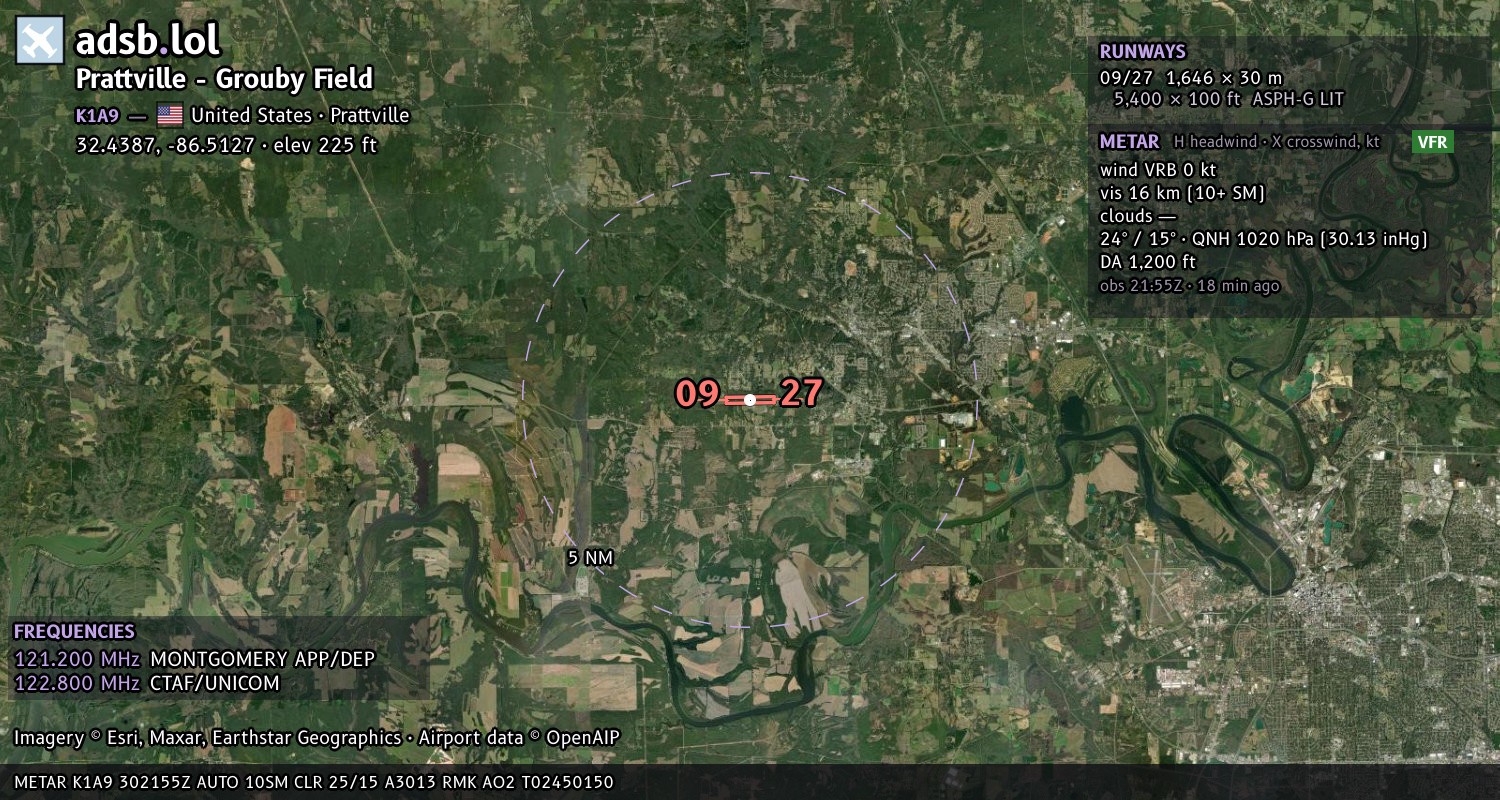 Satellite map with the runway layout of Prattville - Grouby Field (K1A9)
