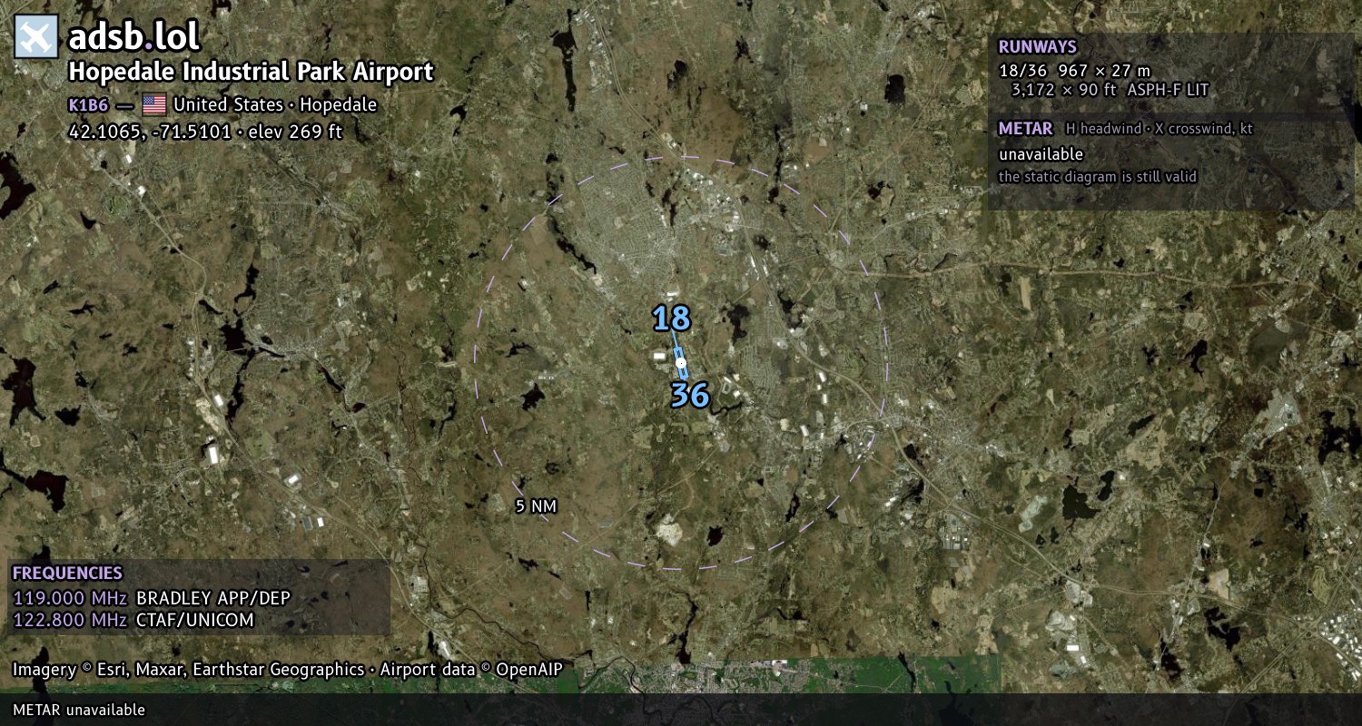 Satellite map with the runway layout of Hopedale Industrial Park Airport (K1B6)