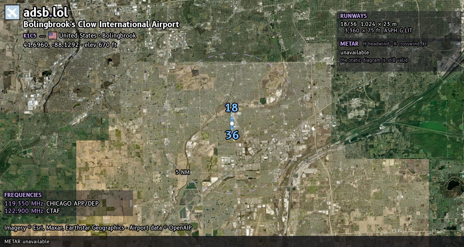 Satellite map with the runway layout of Bolingbrook's Clow International Airport (K1C5)
