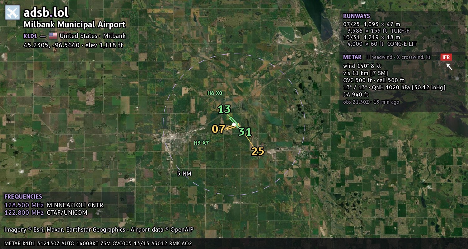 Satellite map with the runway layout of Milbank Municipal Airport (K1D1)