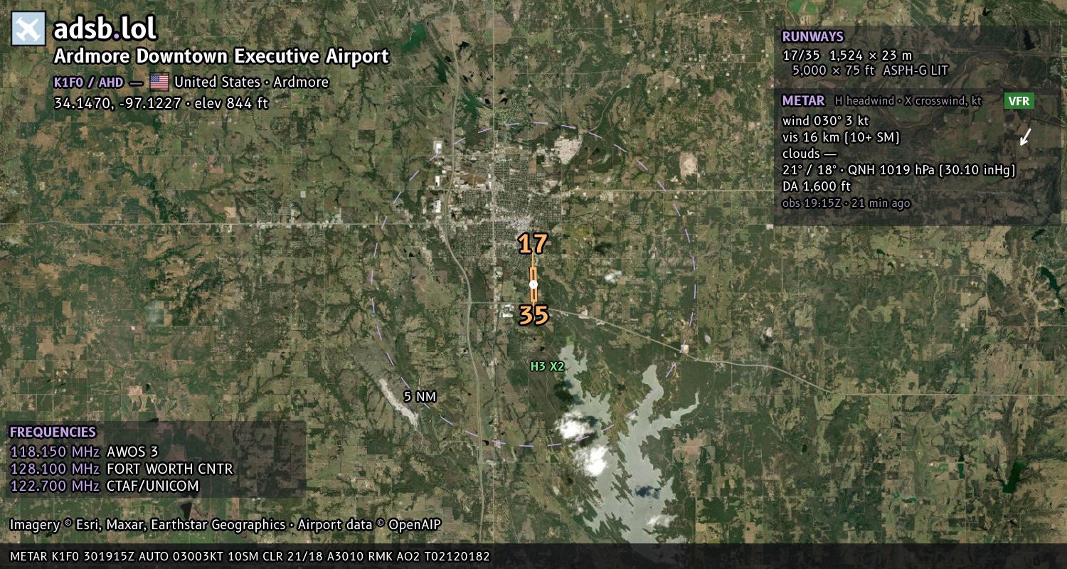 Satellite map with the runway layout of Ardmore Downtown Executive Airport (K1F0)