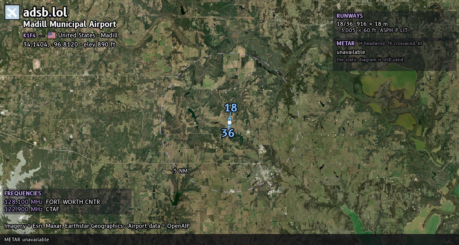 Satellite map with the runway layout of Madill Municipal Airport (K1F4)