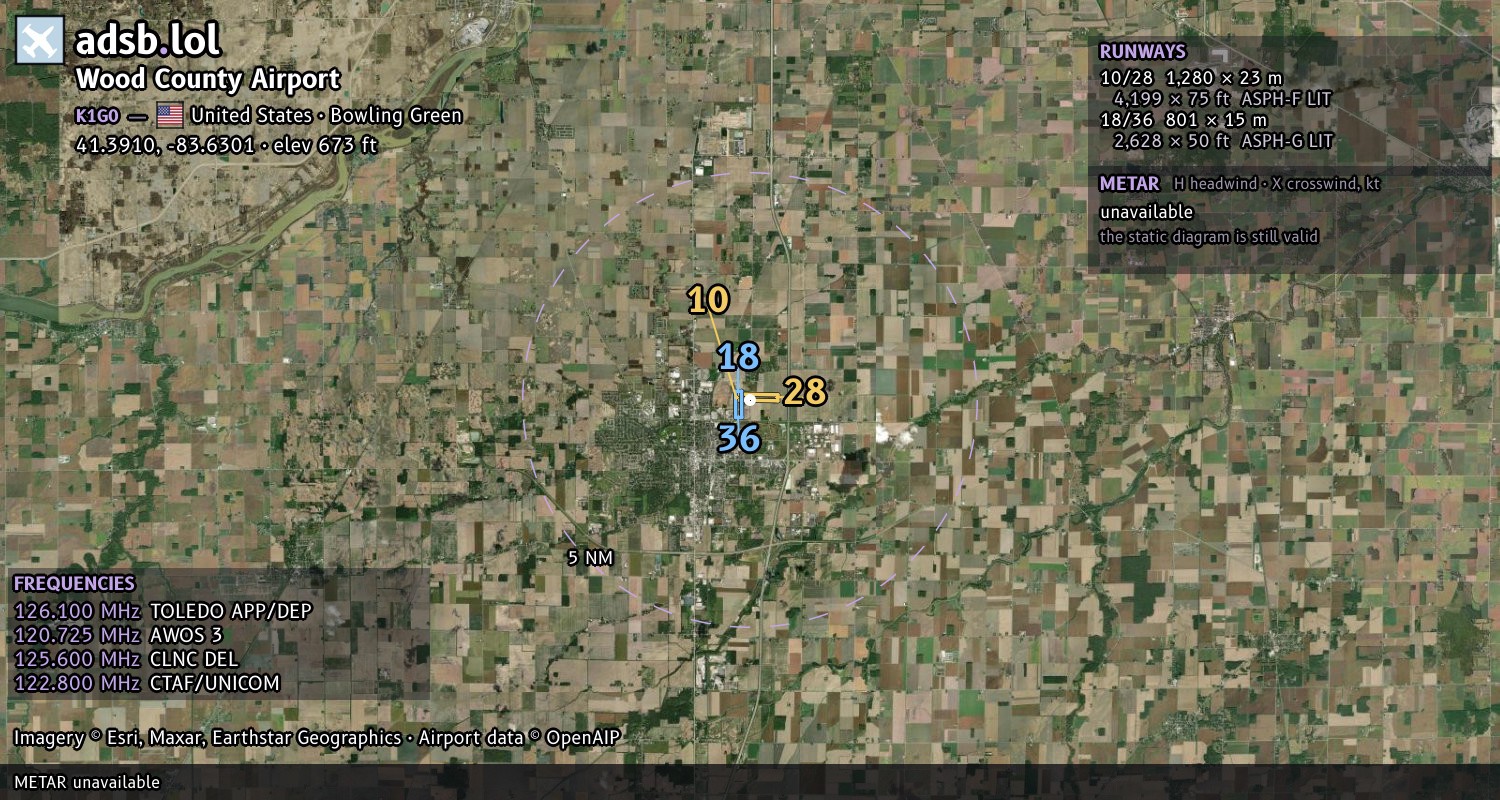 Satellite map with the runway layout of Wood County Airport (K1G0)
