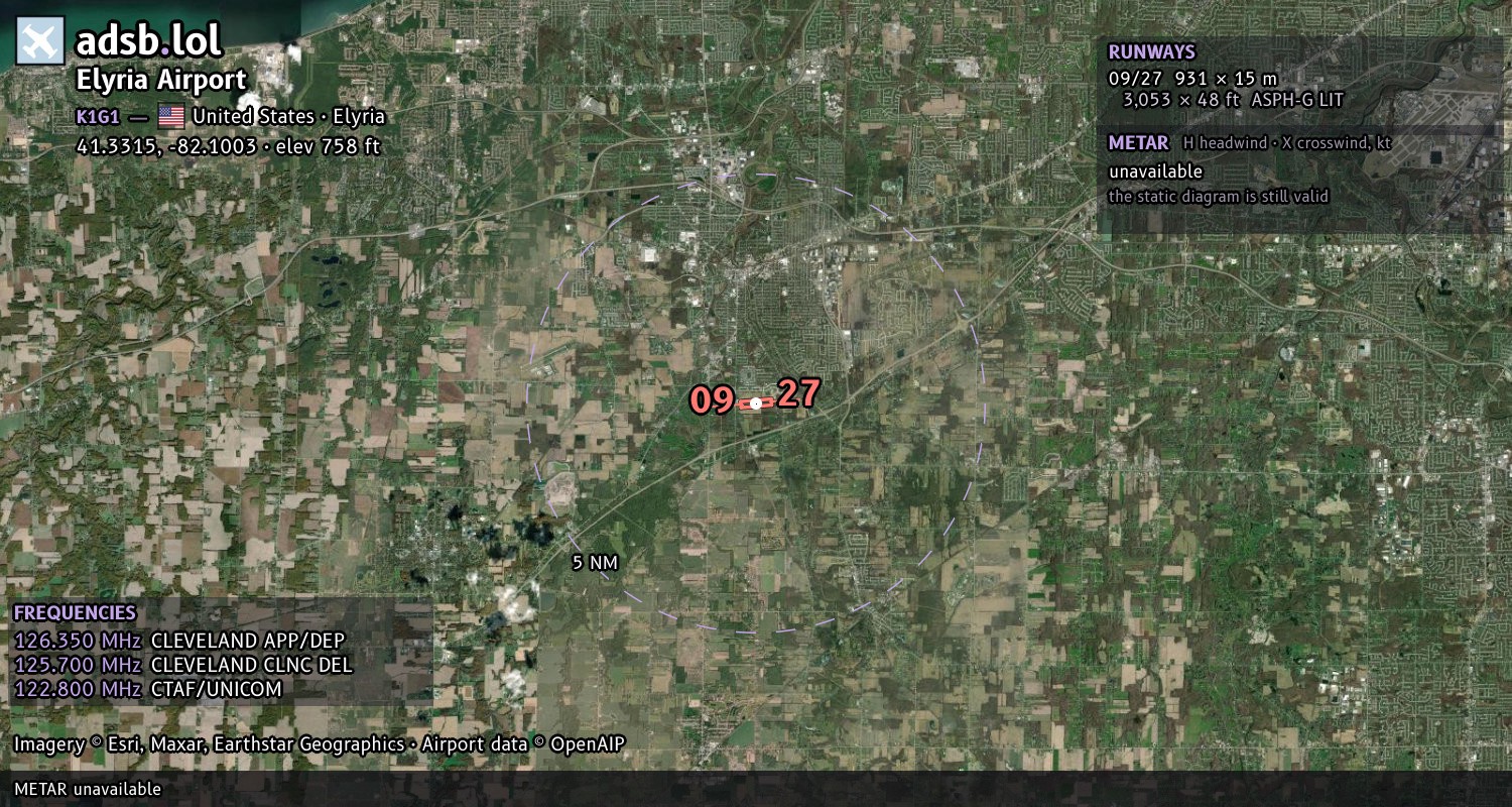 Satellite map with the runway layout of Elyria Airport (K1G1)