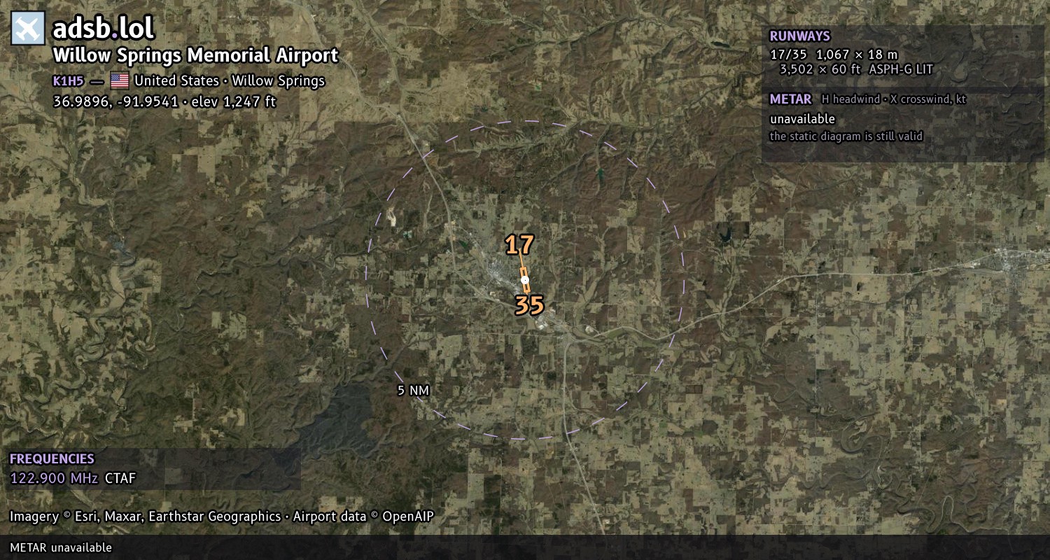Satellite map with the runway layout of Willow Springs Memorial Airport (K1H5)