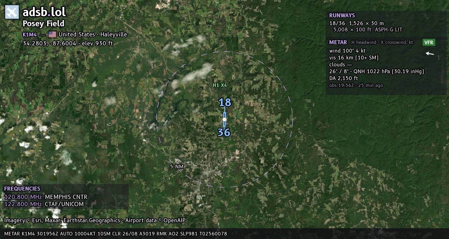 Satellite map with the runway layout of Posey Field (K1M4)