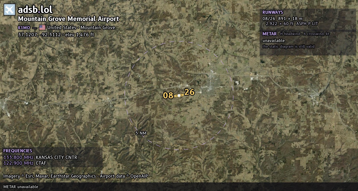 Satellite map with the runway layout of Mountain Grove Memorial Airport (K1MO)