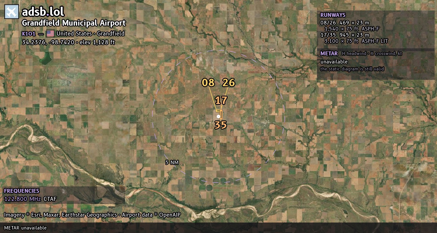 Satellite map with the runway layout of Grandfield Municipal Airport (K1O1)