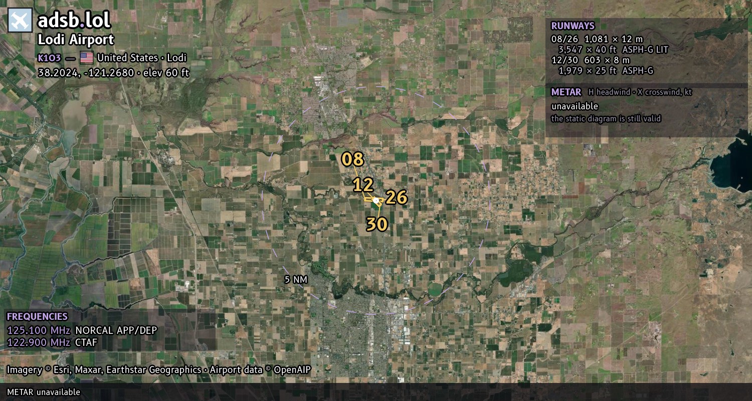 Satellite map with the runway layout of Lodi Airport (K1O3)