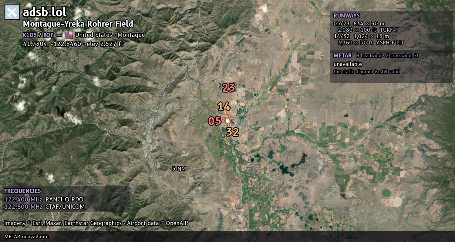 Satellite map with the runway layout of Montague-Yreka Rohrer Field (K1O5)