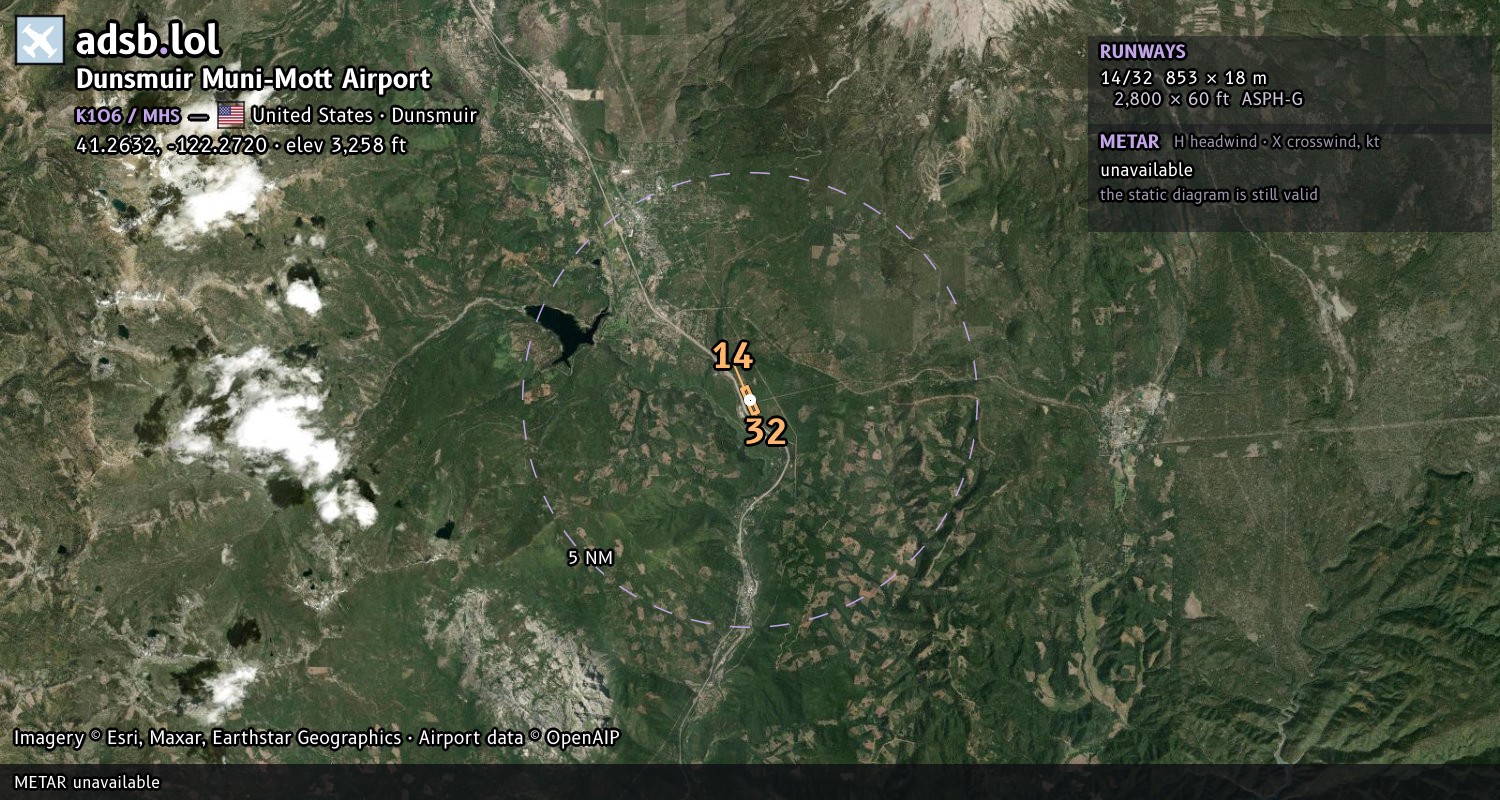 Satellite map with the runway layout of Dunsmuir Muni-Mott Airport (K1O6)