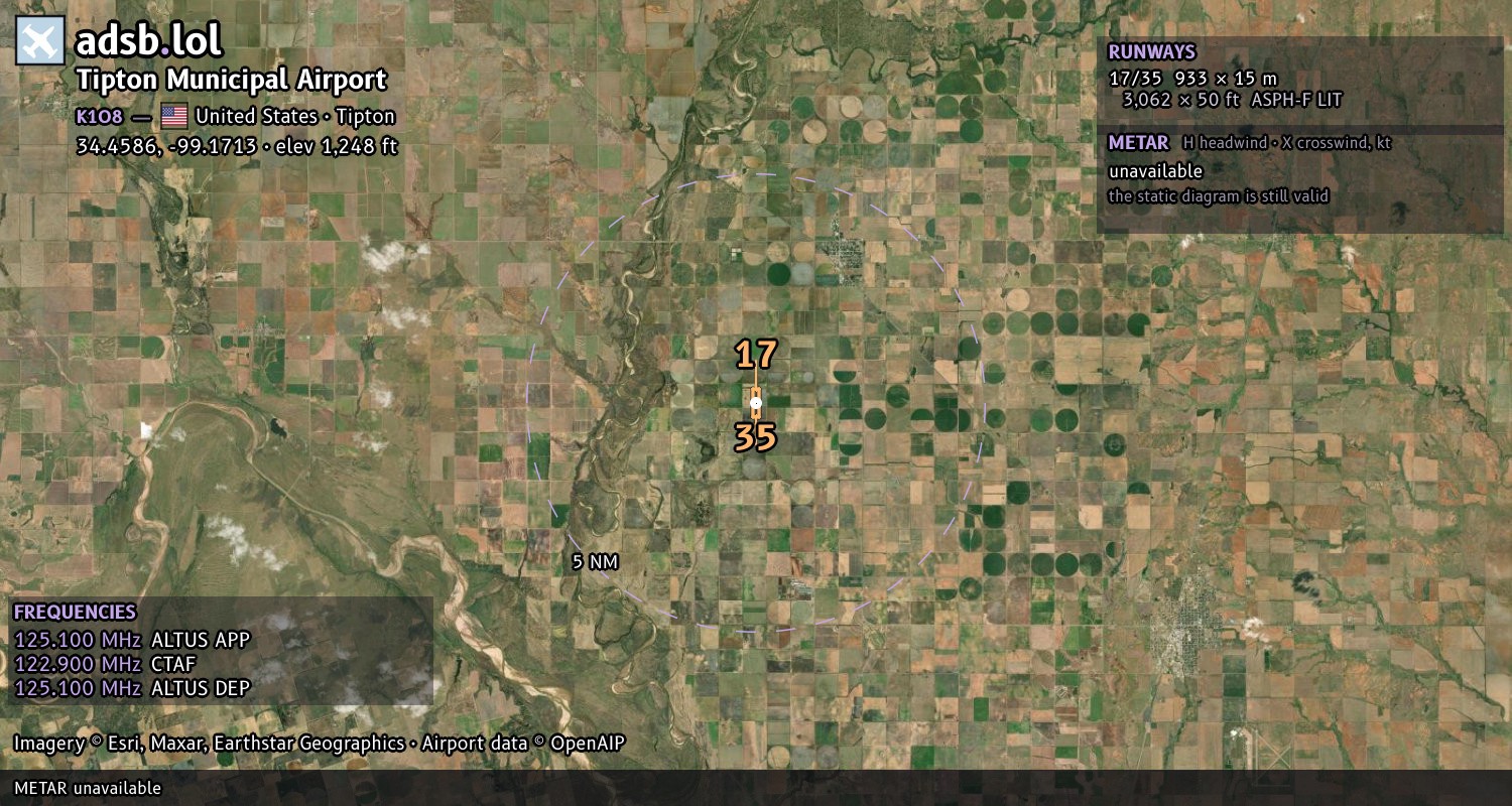 Satellite map with the runway layout of Tipton Municipal Airport (K1O8)