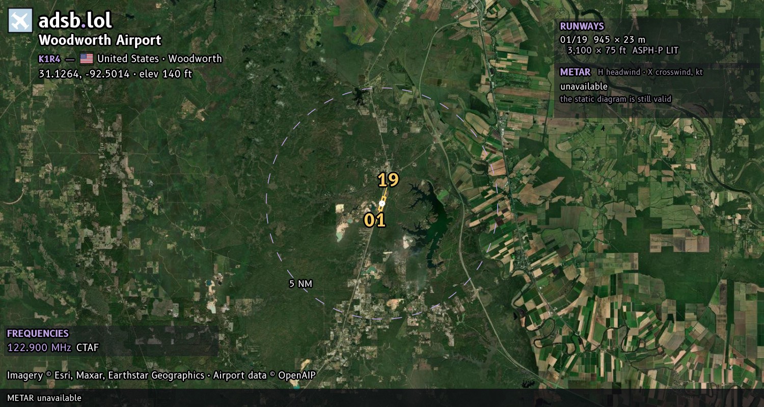 Satellite map with the runway layout of Woodworth Airport (K1R4)