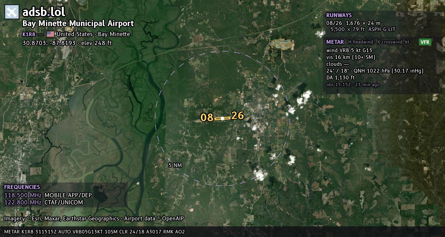 Satellite map with the runway layout of Bay Minette Municipal Airport (K1R8)