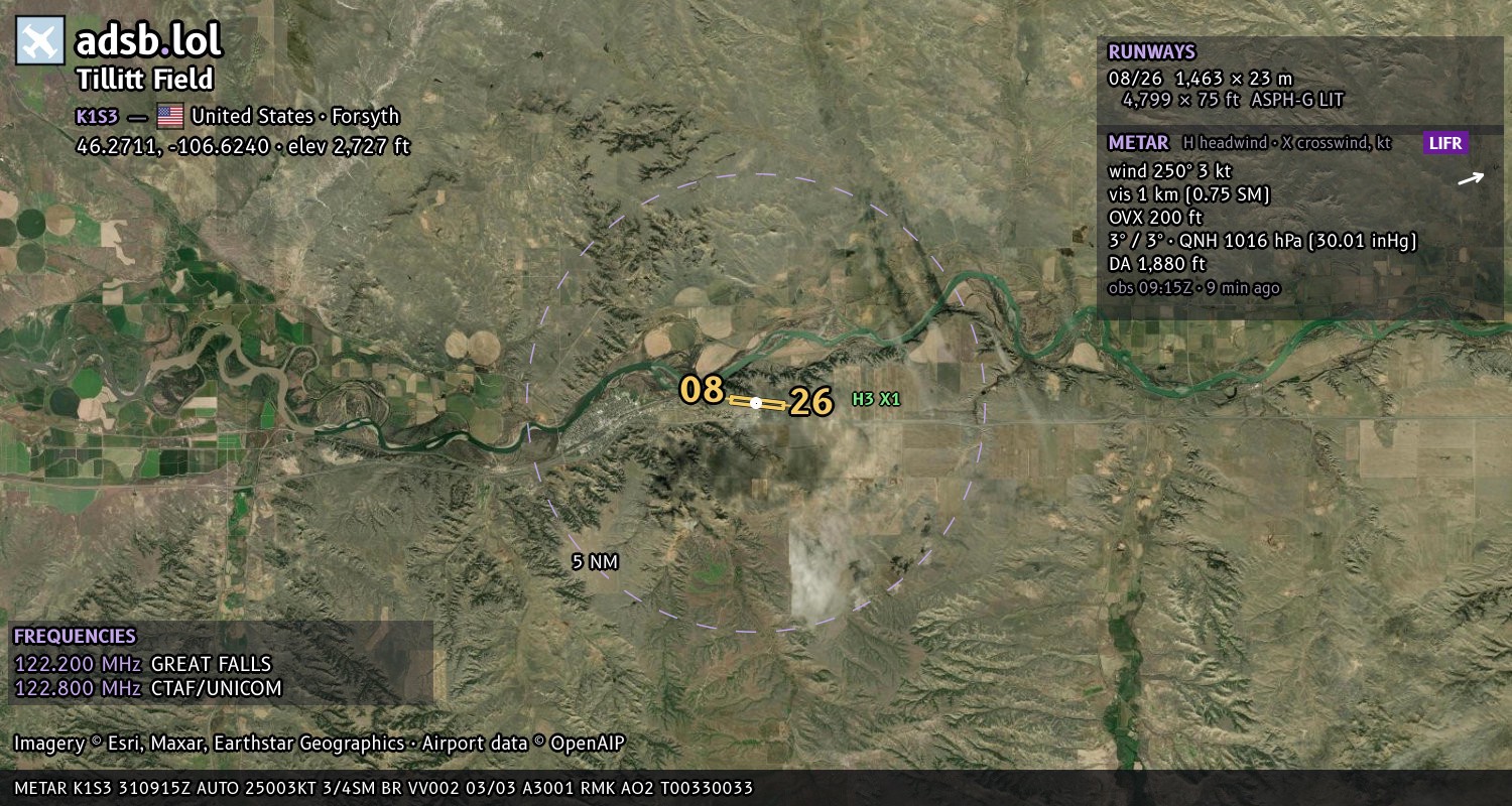 Satellite map with the runway layout of Tillitt Field (K1S3)
