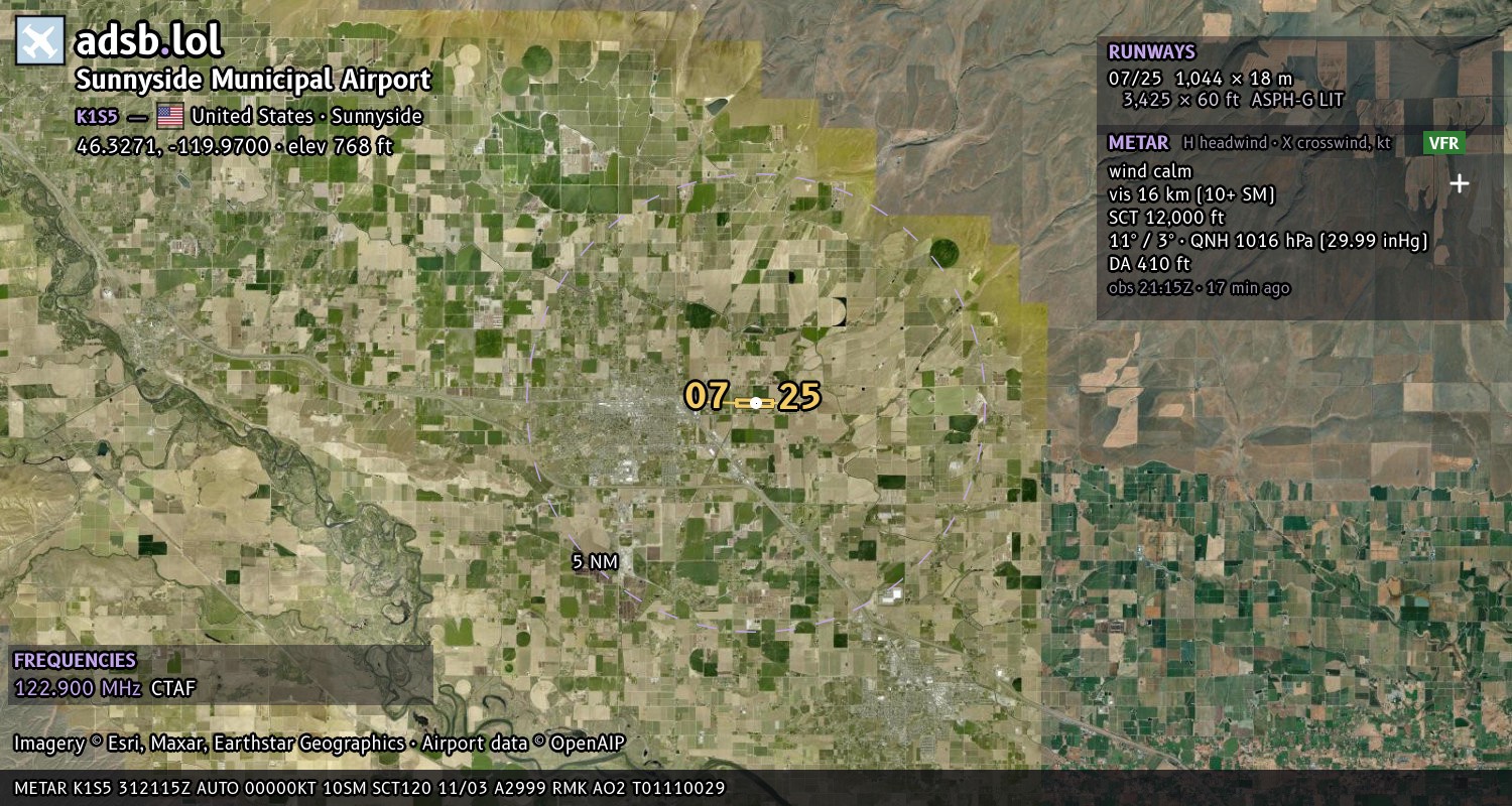 Satellite map with the runway layout of Sunnyside Municipal Airport (K1S5)