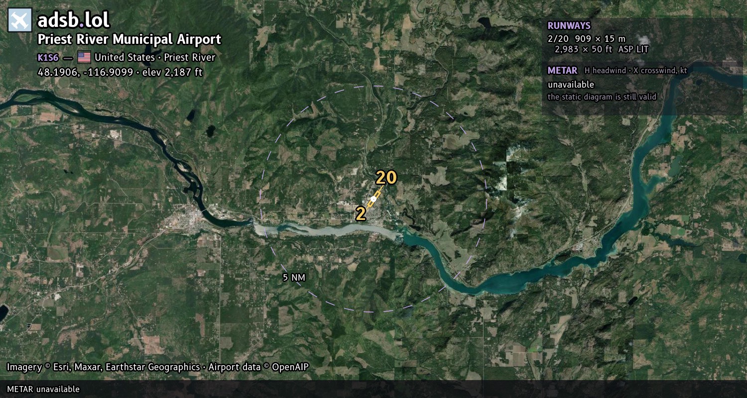 Satellite map with the runway layout of Priest River Municipal Airport (K1S6)