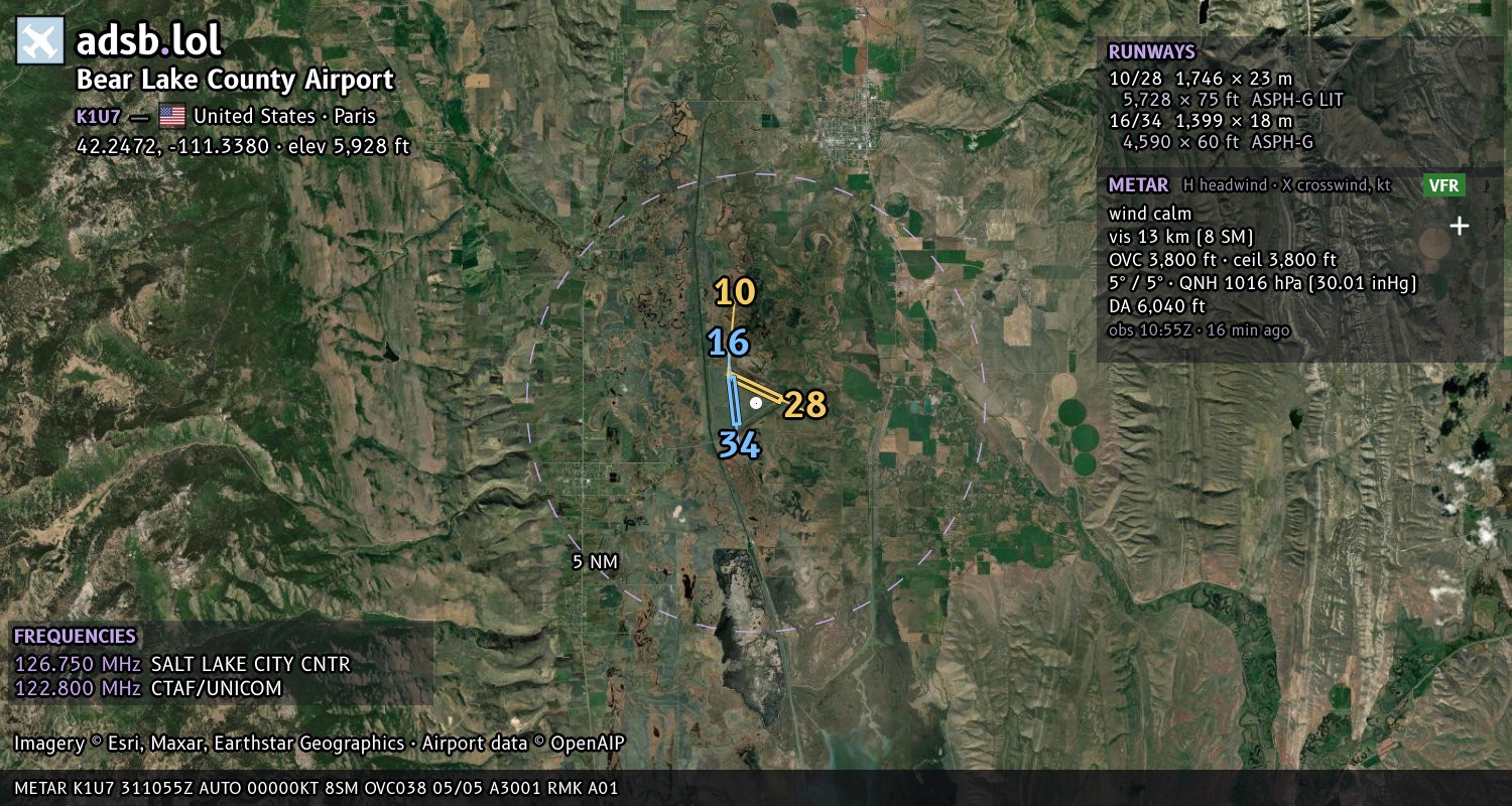 Satellite map with the runway layout of Bear Lake County Airport (K1U7)