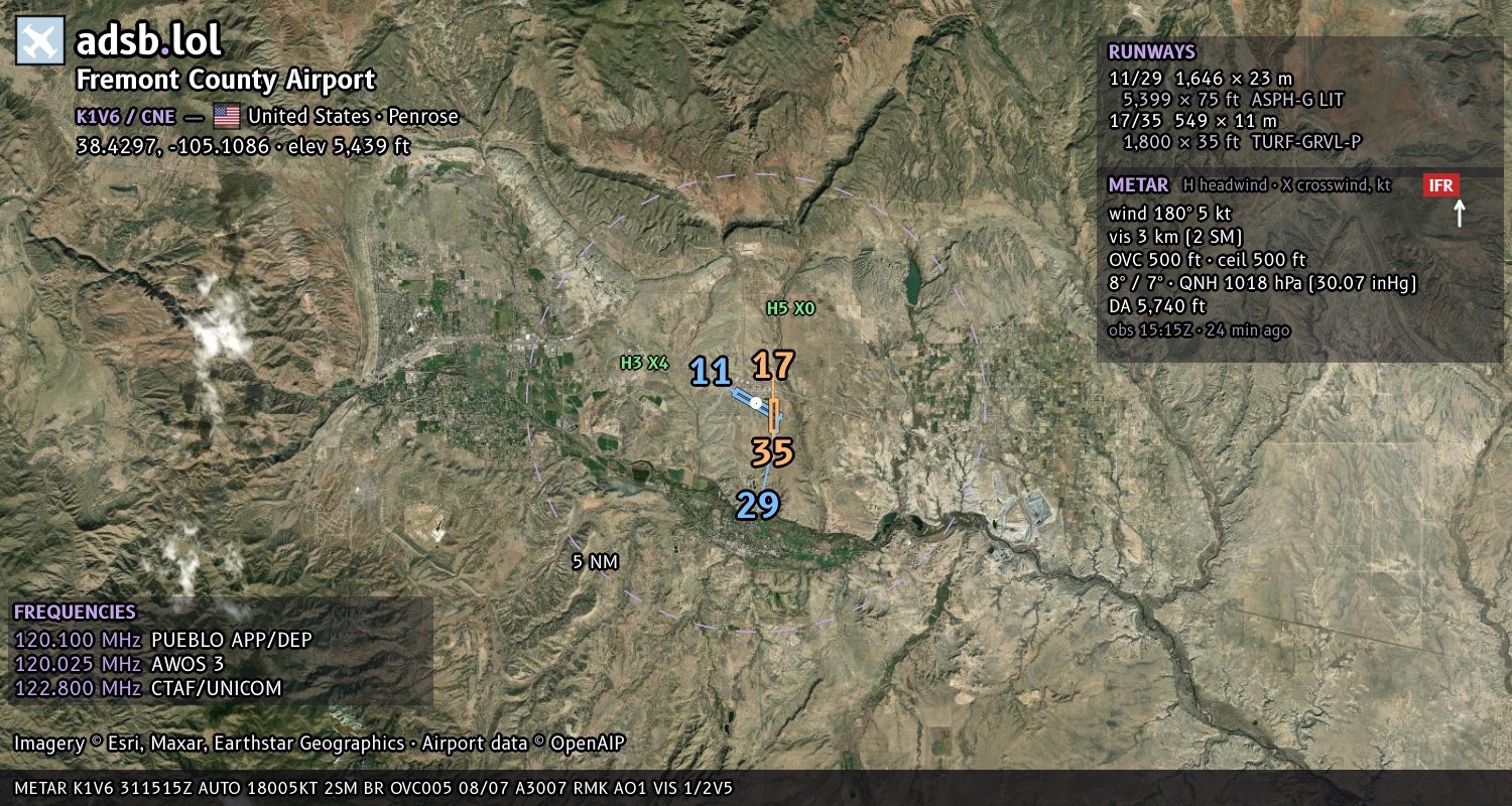 Satellite map with the runway layout of Fremont County Airport (K1V6)