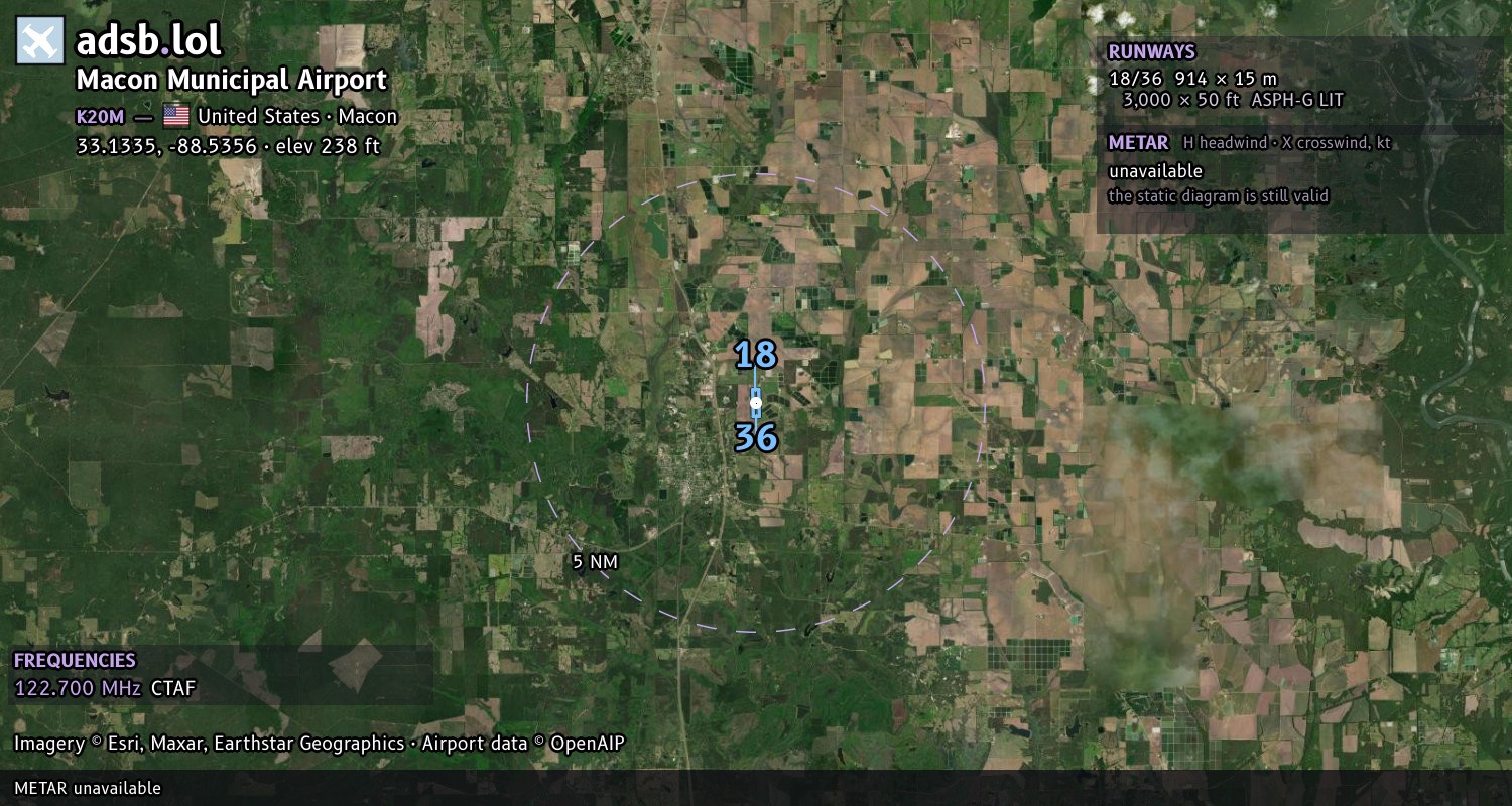 Satellite map with the runway layout of Macon Municipal Airport (K20M)