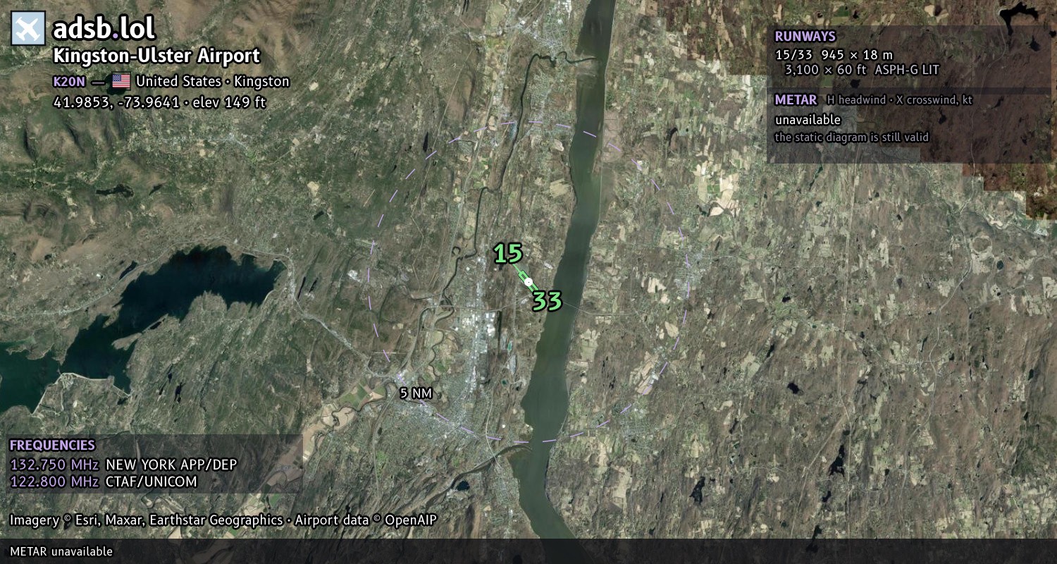 Satellite map with the runway layout of Kingston-Ulster Airport (K20N)